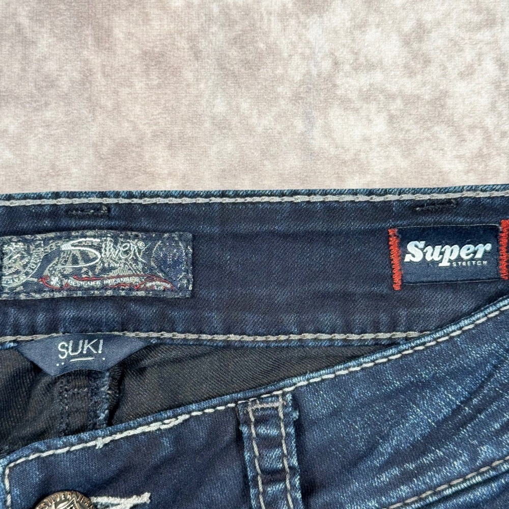 Silver Jeans Co Suki Mid Slim Bootcut Dark Wash Embroidered Studded W32 L33 - Picture 5 of 11